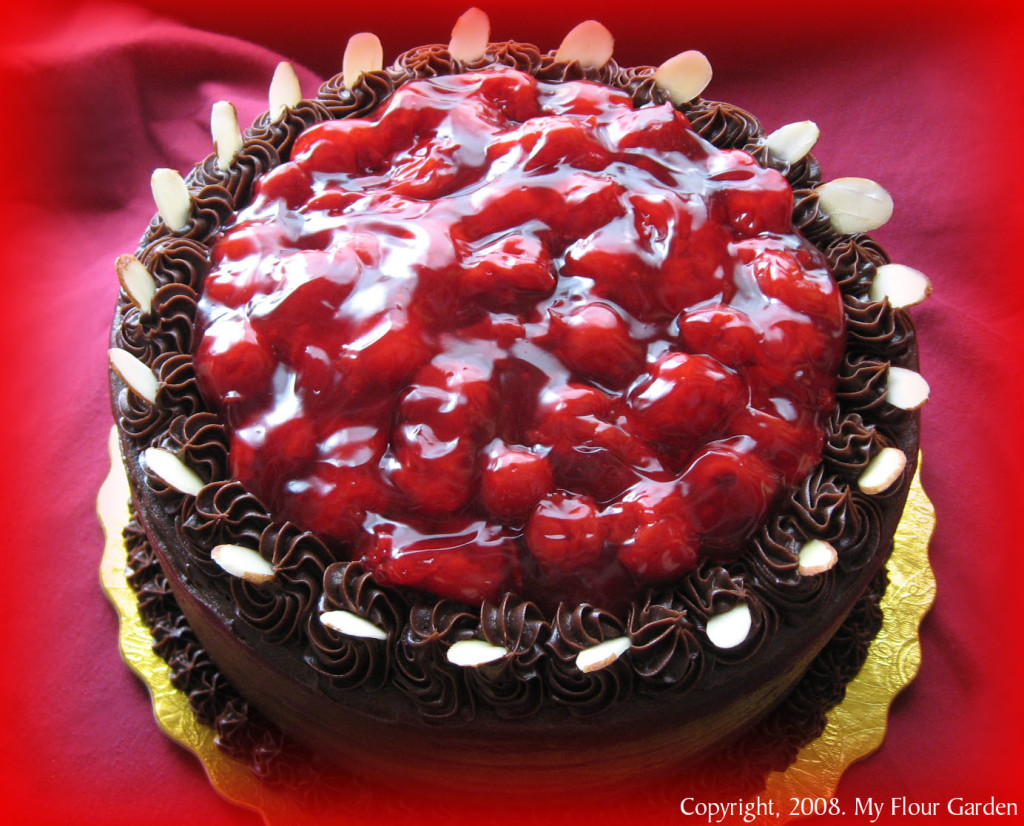 Black Forest Cake Decorating Idea with Maraschino Cherries and Chocolate Whipped Cream with Almonds
