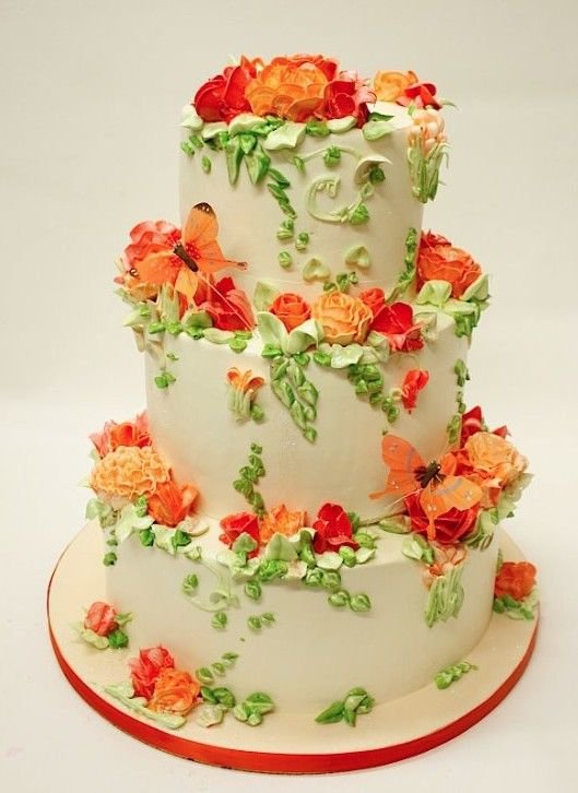 Tangerine Orange and Green Wedding Cake with Orange Butterflies Accents