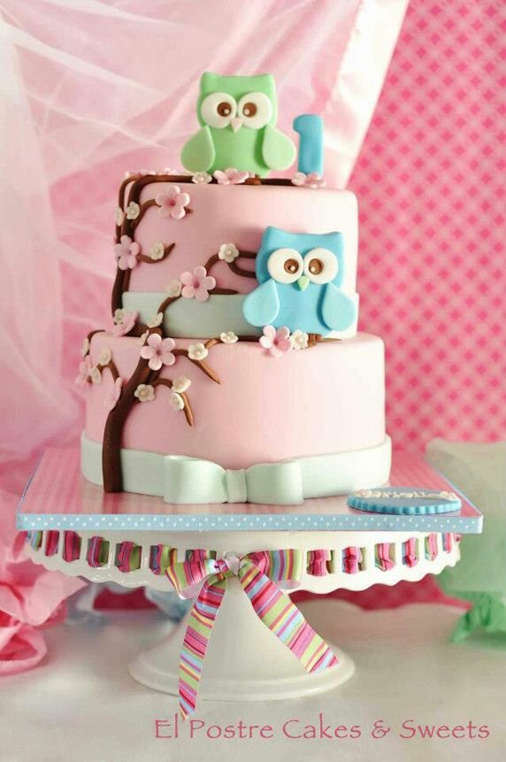 Pastel Pink Owl Themed Birthday Cake