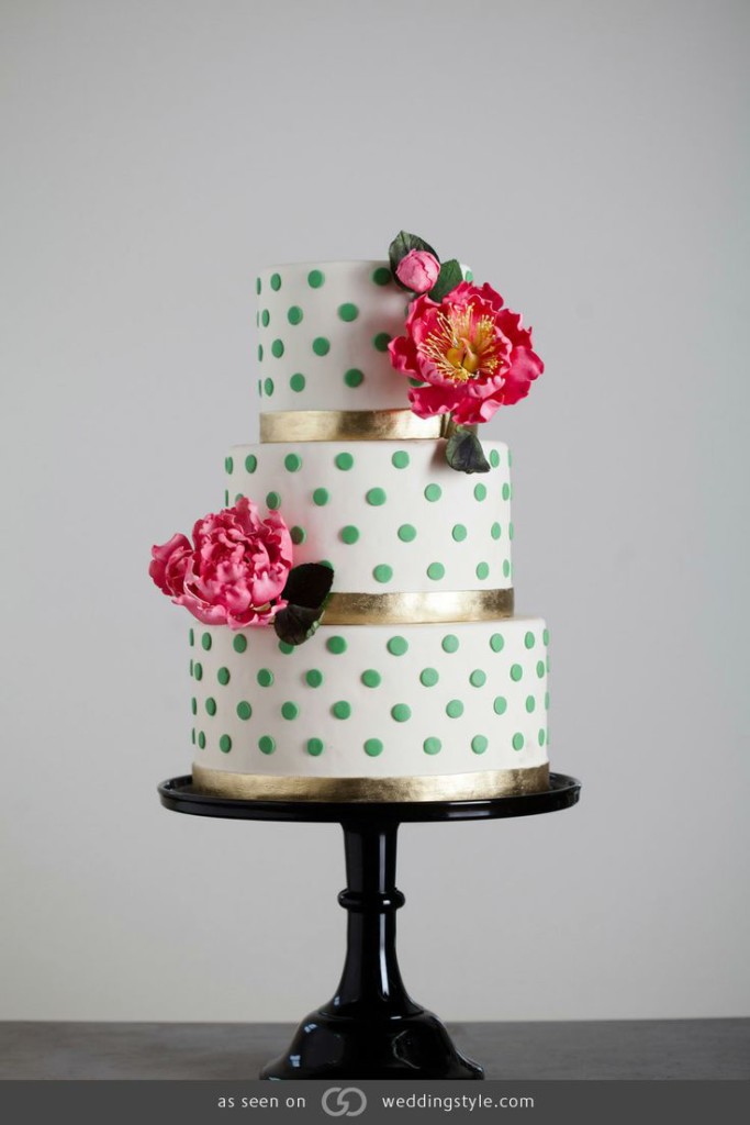 Three-Tered Ivory Cake with Green Swiss Dots and Hand-Sculptured Sugar Peonies