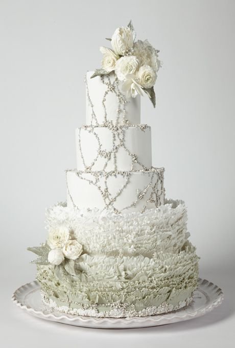 Wedding Cake with Fondant Ruffles and Flowers