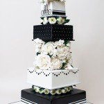 A black and white wedding cake is a classic option for a formal black-tie reception.