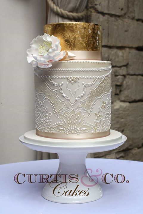 Hand Piped Edible Pearls Patterned Wedding Cake