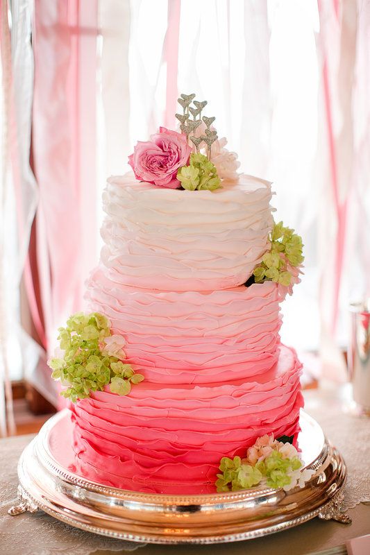 Ombre Pink Cake - Decorated with Roses and Hyrdangeas