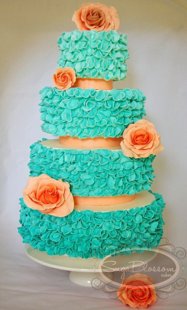 Tiffany Blue Ruffles and Peach Roses Cake