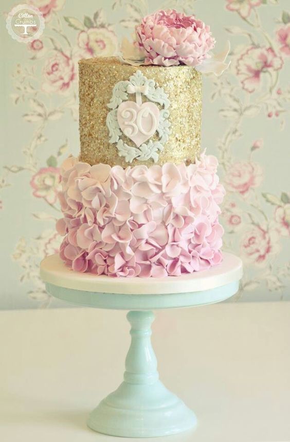 30th birthday cake with pink ruffles and gold sparkles by Cotton & Crumbs