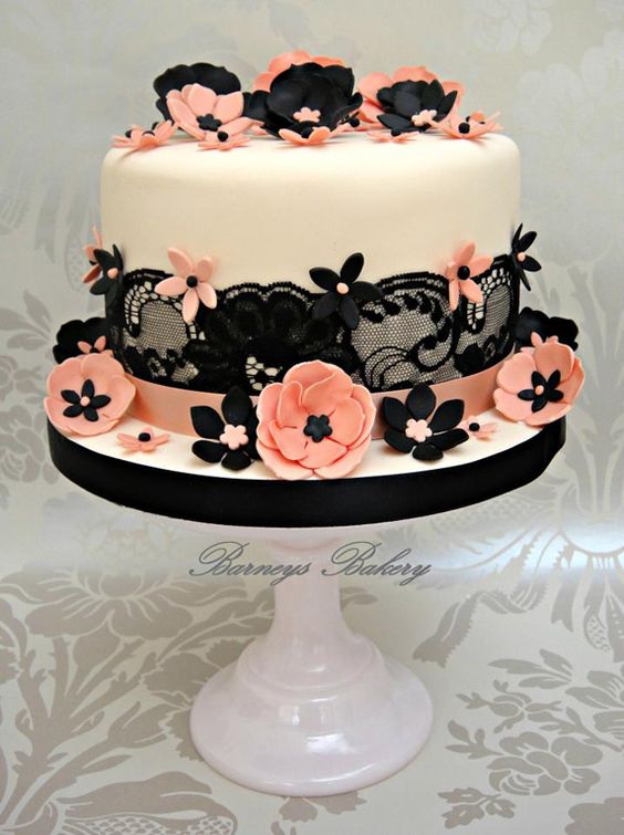 Black Lace & Peach Flowers Cake