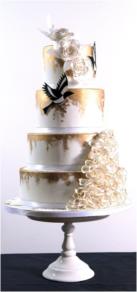 Feminine Ruffles and Pearlised Wafer Paper Feathers Cake