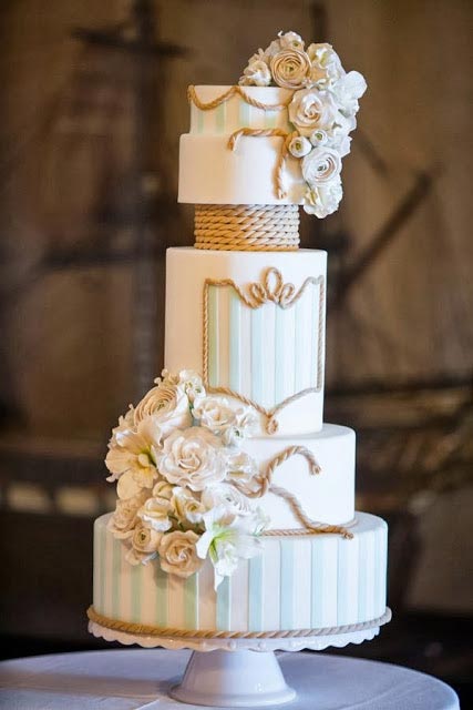 Rustic Rope Cake with Soft Blossoms and Teal Accents