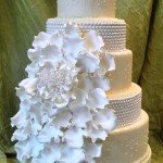 Vintage Wedding Cake with Cascading Floral Petals, Sugar Lace and Pearl
