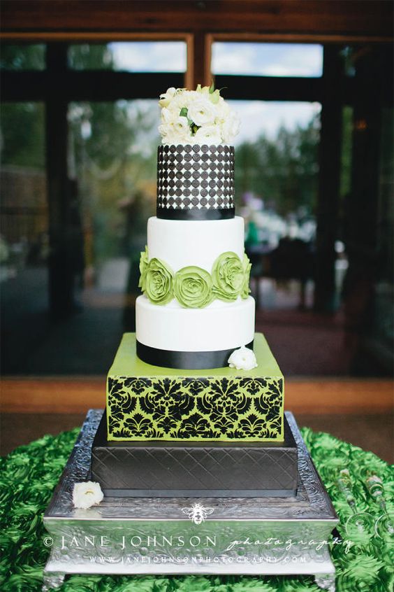 Modern Green, White, and Black Cake