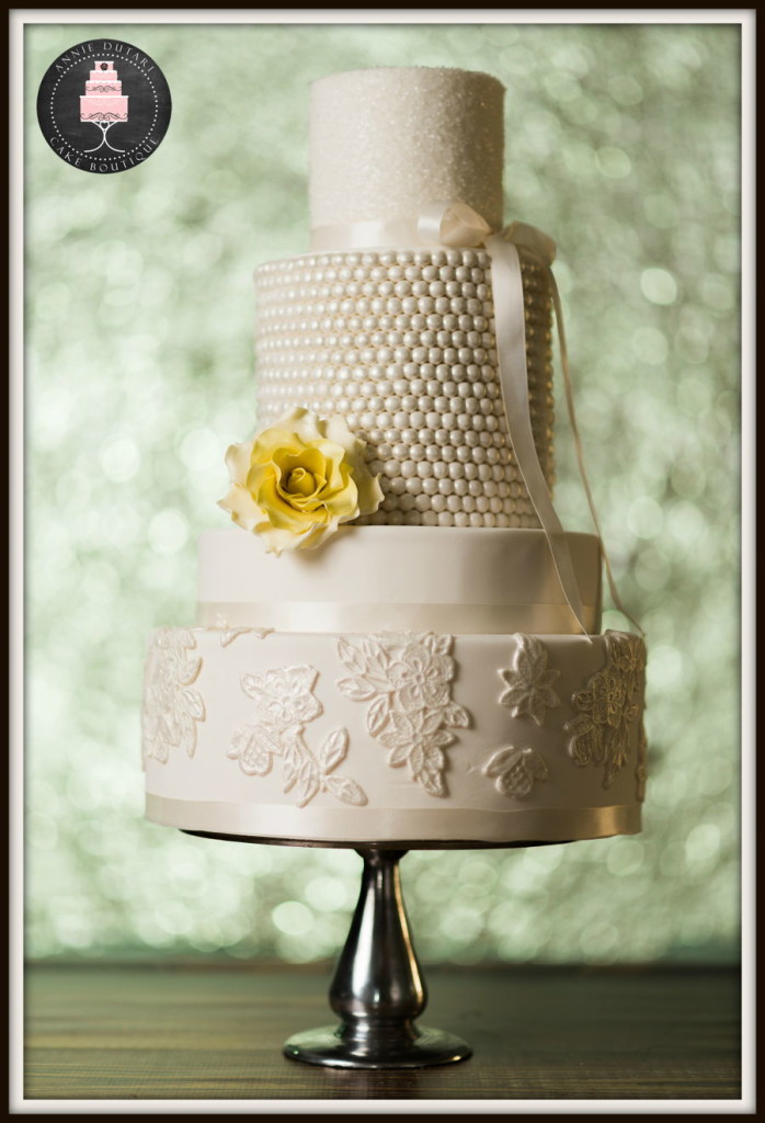Wedding Cake with Fondant Pearls and Sugar Rose