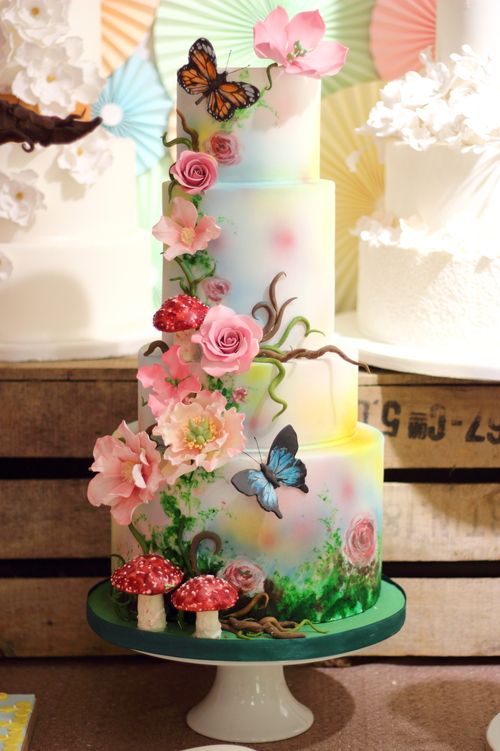 Woodland Magical Themed Wedding Cake with Painted Butterflies and Toadstools